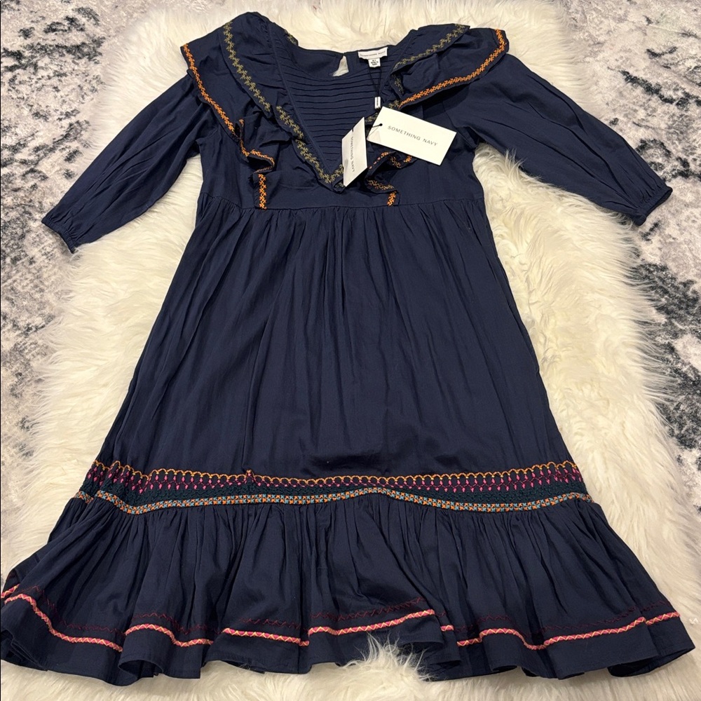 Something Navy Dress with Colorful Embroidery